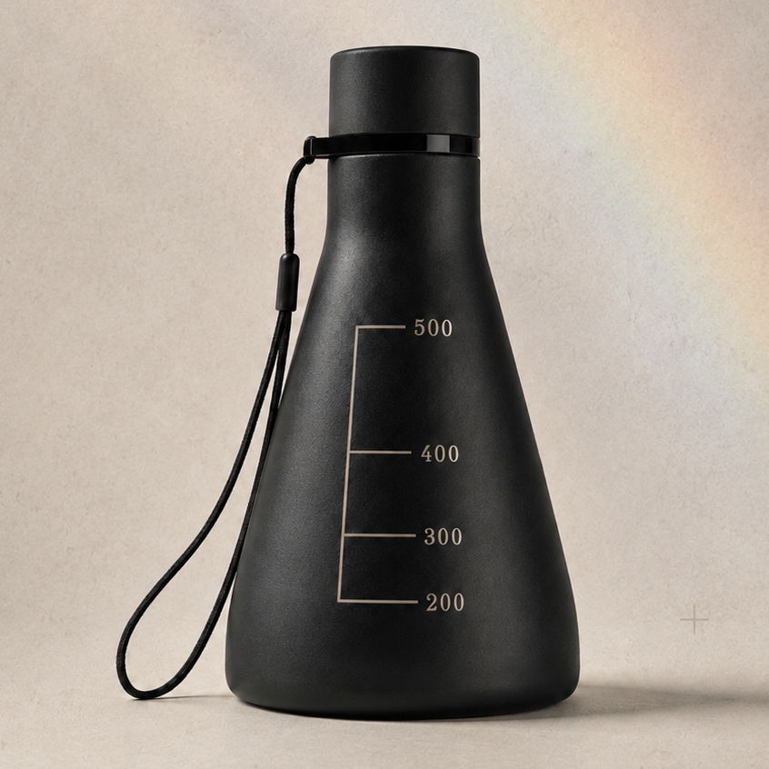 Flask Vessel in deep blue and Ionic White on a stone surface, with laser-engraved graduation markings