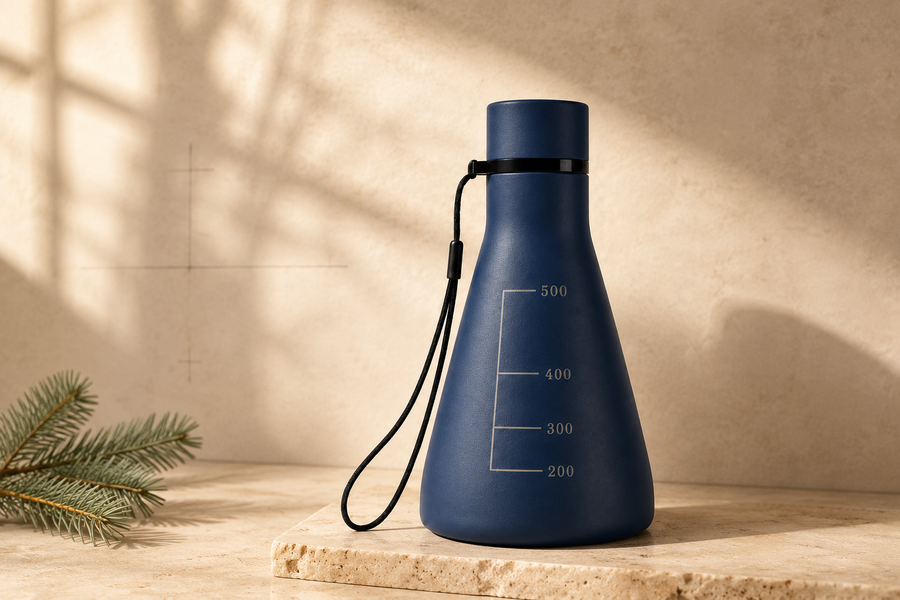 A dark green flask-shaped water bottle on a wooden desk beside a stack of books, a spiral notebook and a pen, with a window and a sprig of olive behind.