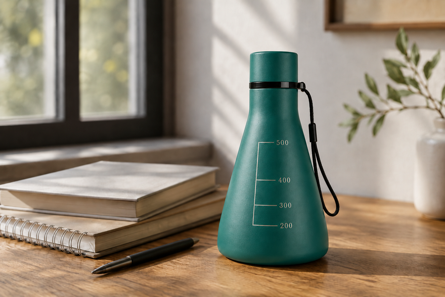 A navy flask-shaped water bottle with a black wrist strap standing on a pale stone surface, with a sprig of pine and dappled window light behind it.