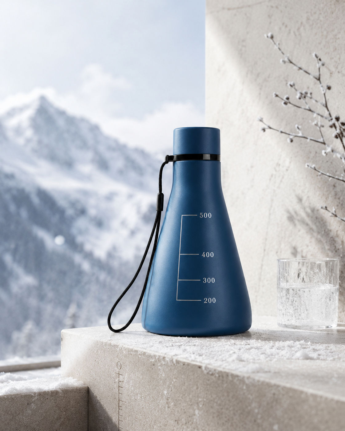 A navy Flask Vessel on a snow-dusted stone ledge with frosted twigs, snow-covered mountains behind