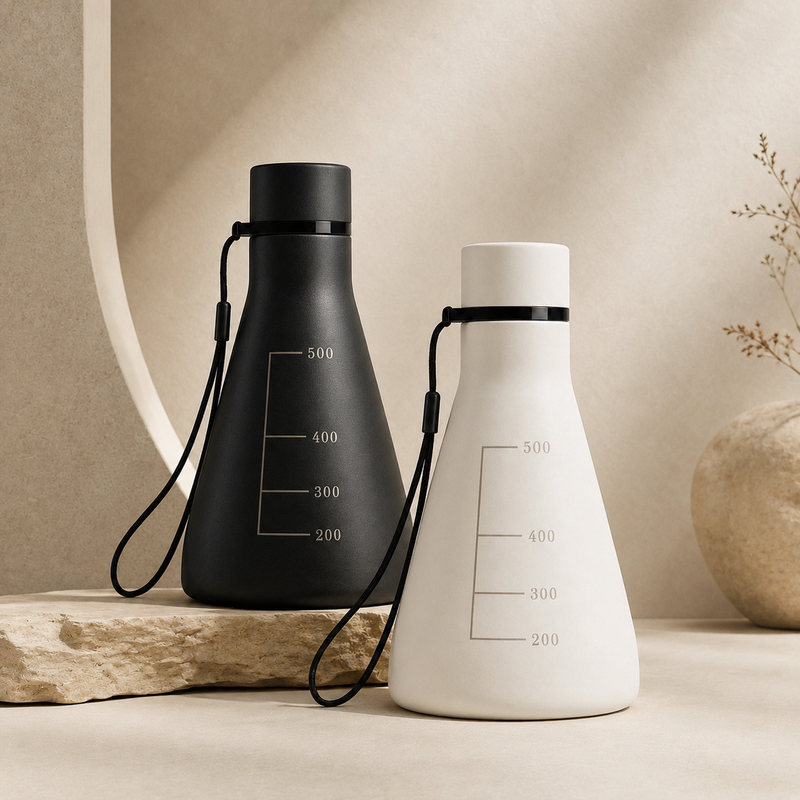 Flask Vessel in Carbon Black and Ionic White side by side, showing the Erlenmeyer silhouette, carry strap, and laser-engraved graduation markings