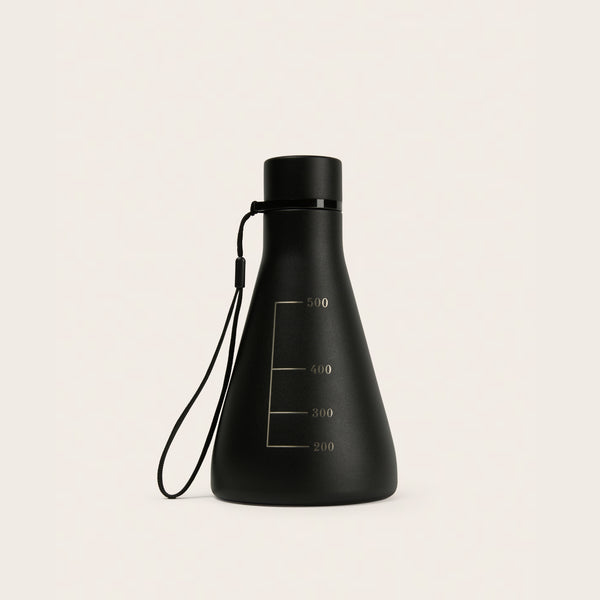 Flask Vessel in Carbon Black — insulated stainless steel Erlenmeyer flask water bottle with laser-engraved calibration marks and carry strap