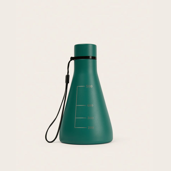 Flask Vessel in Chlorophyll Green — insulated stainless steel Erlenmeyer flask water bottle with carry strap