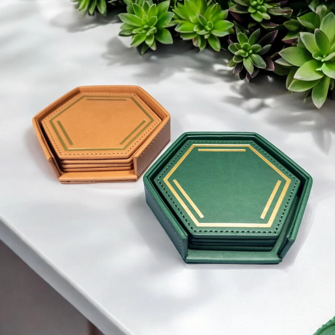 Leather Chemistry Coaster Set | Benzene Embossed Gold