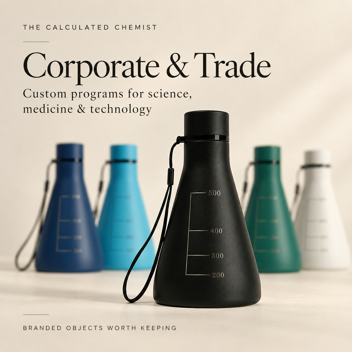 Flask Vessel in Carbon Black — an insulated Erlenmeyer-flask water bottle with laser-engraved graduation markings