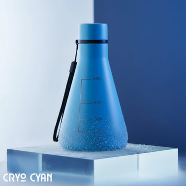Blue water bottle with measurement markings on a reflective surface against a gradient background