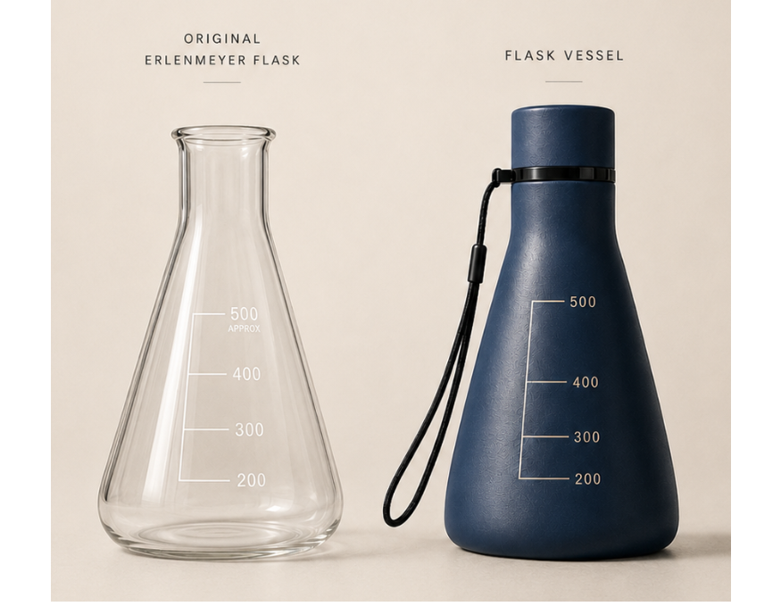 A glass Erlenmeyer flask beside the Flask Vessel in navy — the laboratory form translated into stainless steel