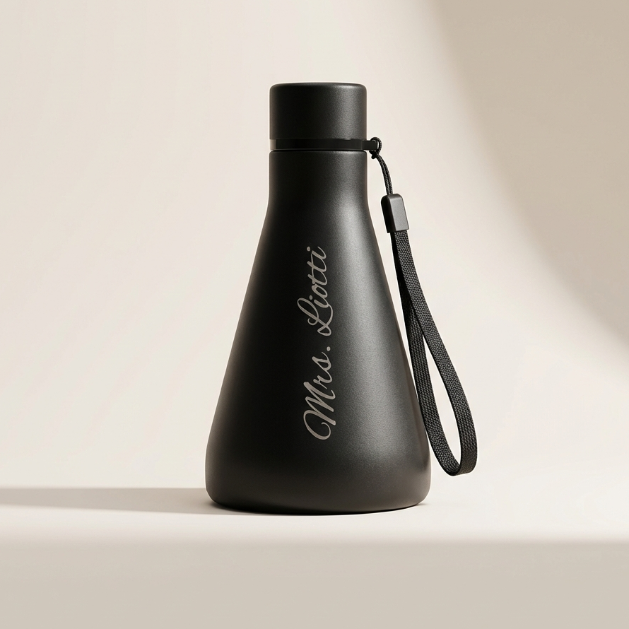 A first name laser-engraved into the powder coat of a Flask Vessel