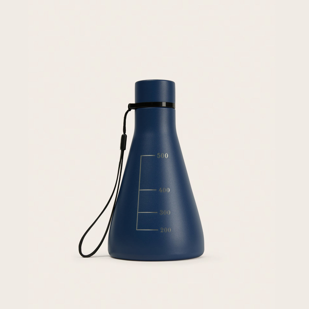 Flask Vessel in Quantum Blue — insulated stainless steel Erlenmeyer flask bottle with carry strap and laser-engraved graduation markings