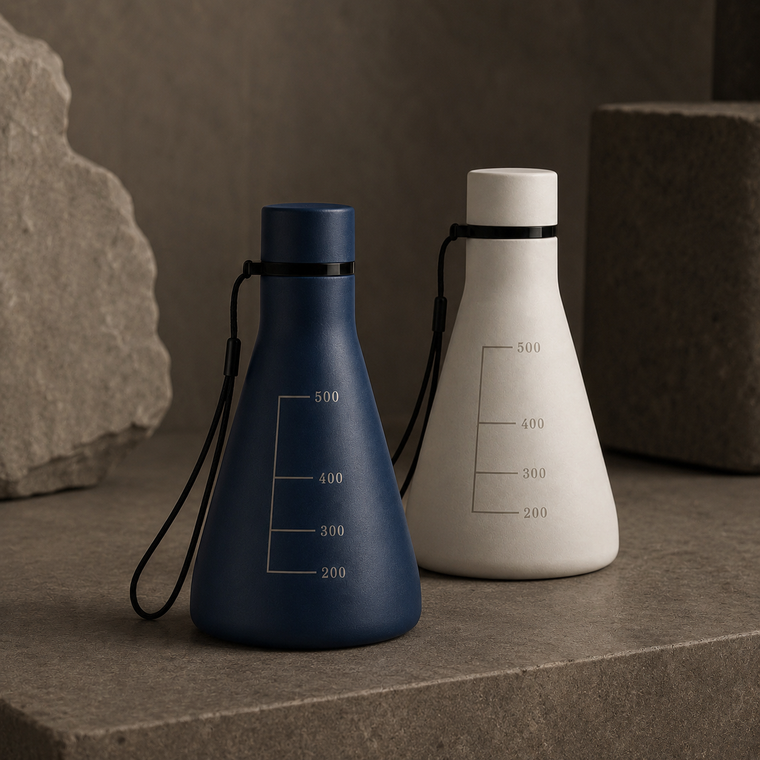 Flask Vessel in deep blue and Ionic White on a stone surface, showing the laser-engraved graduation markings
