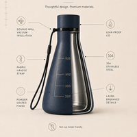 Flask Vessel specifications — double-wall vacuum insulation, leak-proof lid, 304 stainless steel, powder-coated finish and fabric handle strap
