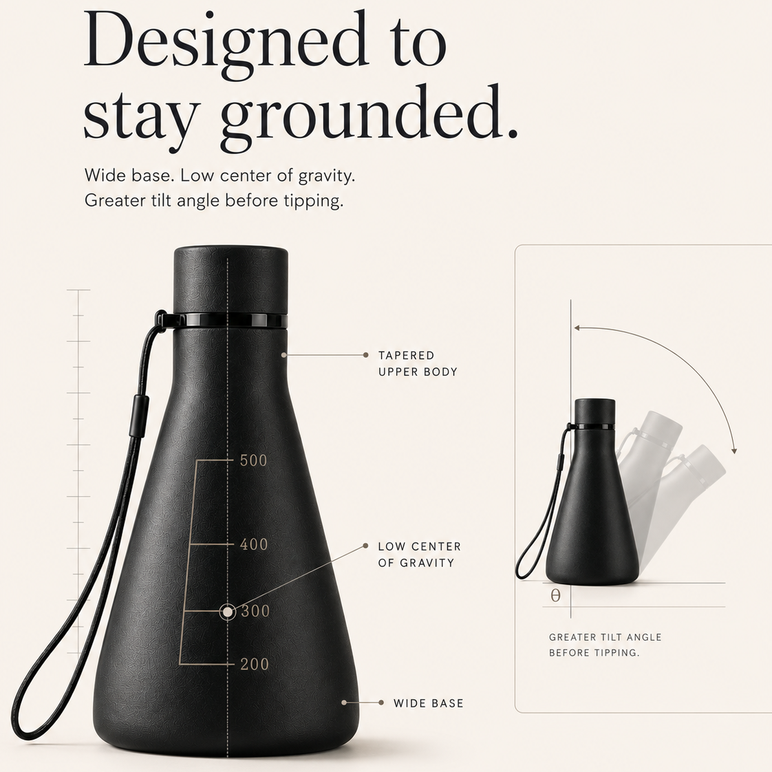 A black tapered Flask Vessel with carry strap, shown with an inset diagram explaining its stable base geometry