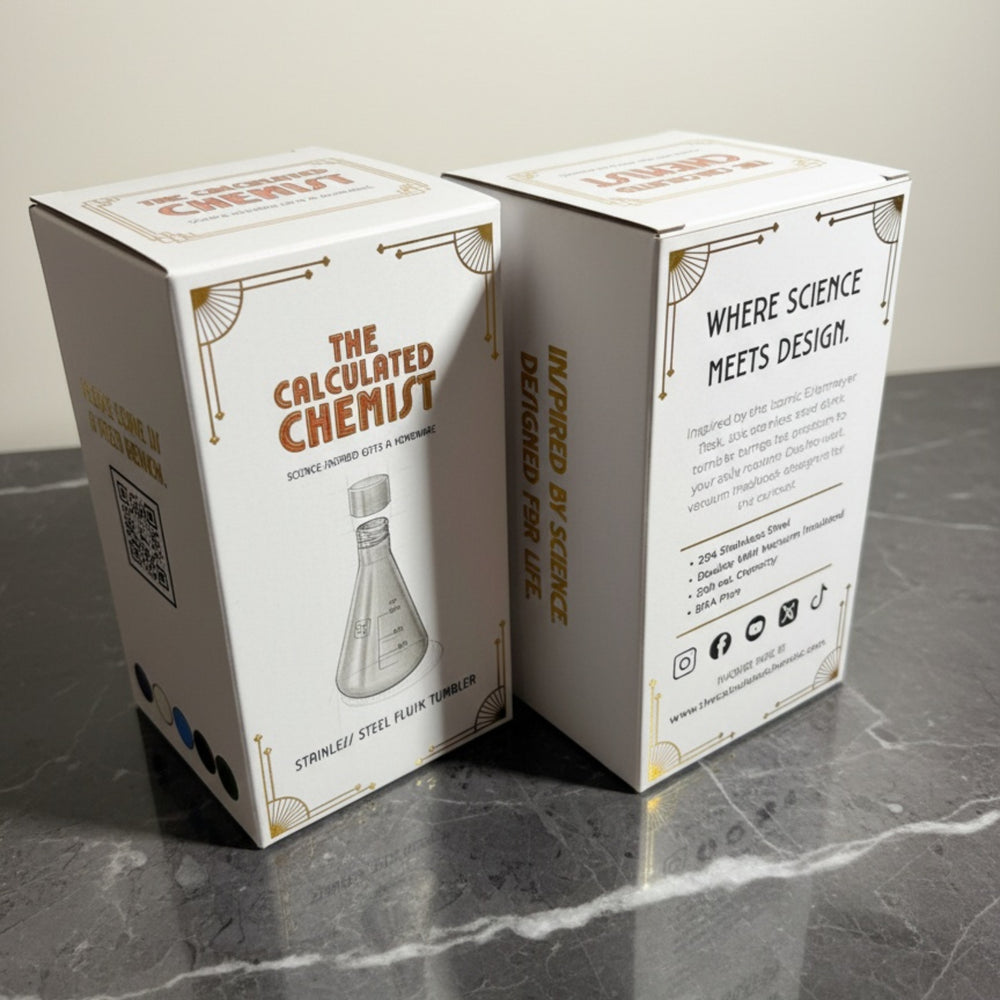 Two Calculated Chemist product boxes on a grey surface, the current packaging for the Flask Vessel