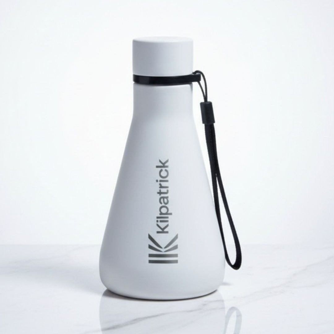 White water bottle with black strap and 'Kilpatrick' branding on a white background
