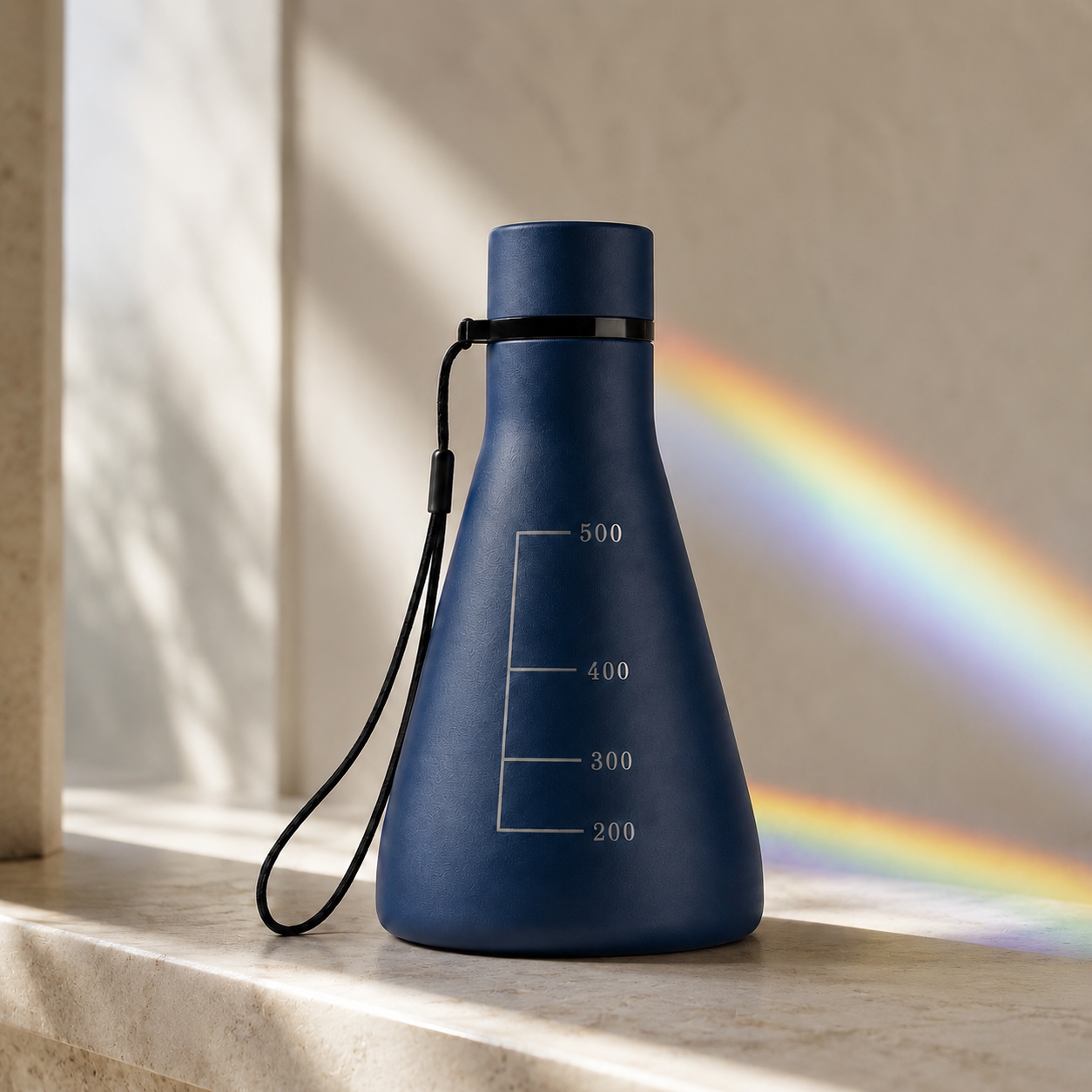 Flask Vessel in Quantum Blue on a pale ledge, a prism of spectral light cast on the wall behind it
