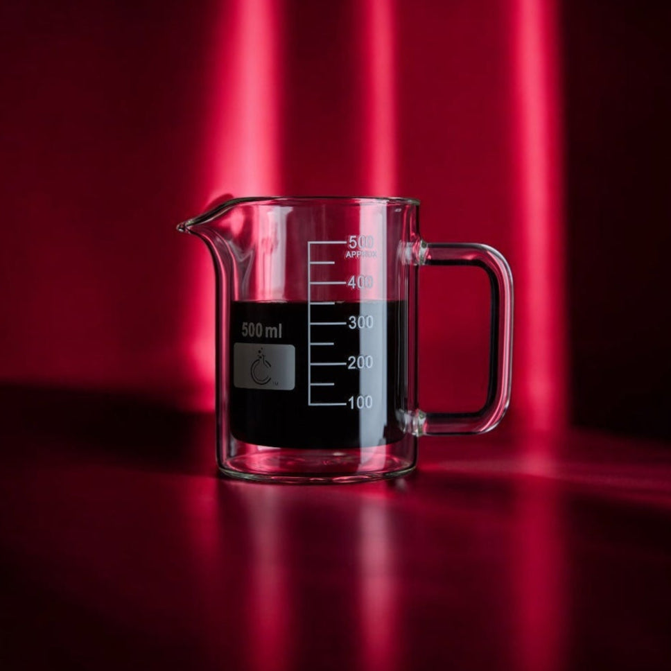 500ml glass beaker coffee mug with handle, featuring measurement markings, a spout for easy pouring, and a laboratory-inspired design, ideal for science-themed drinkware or unique gifts