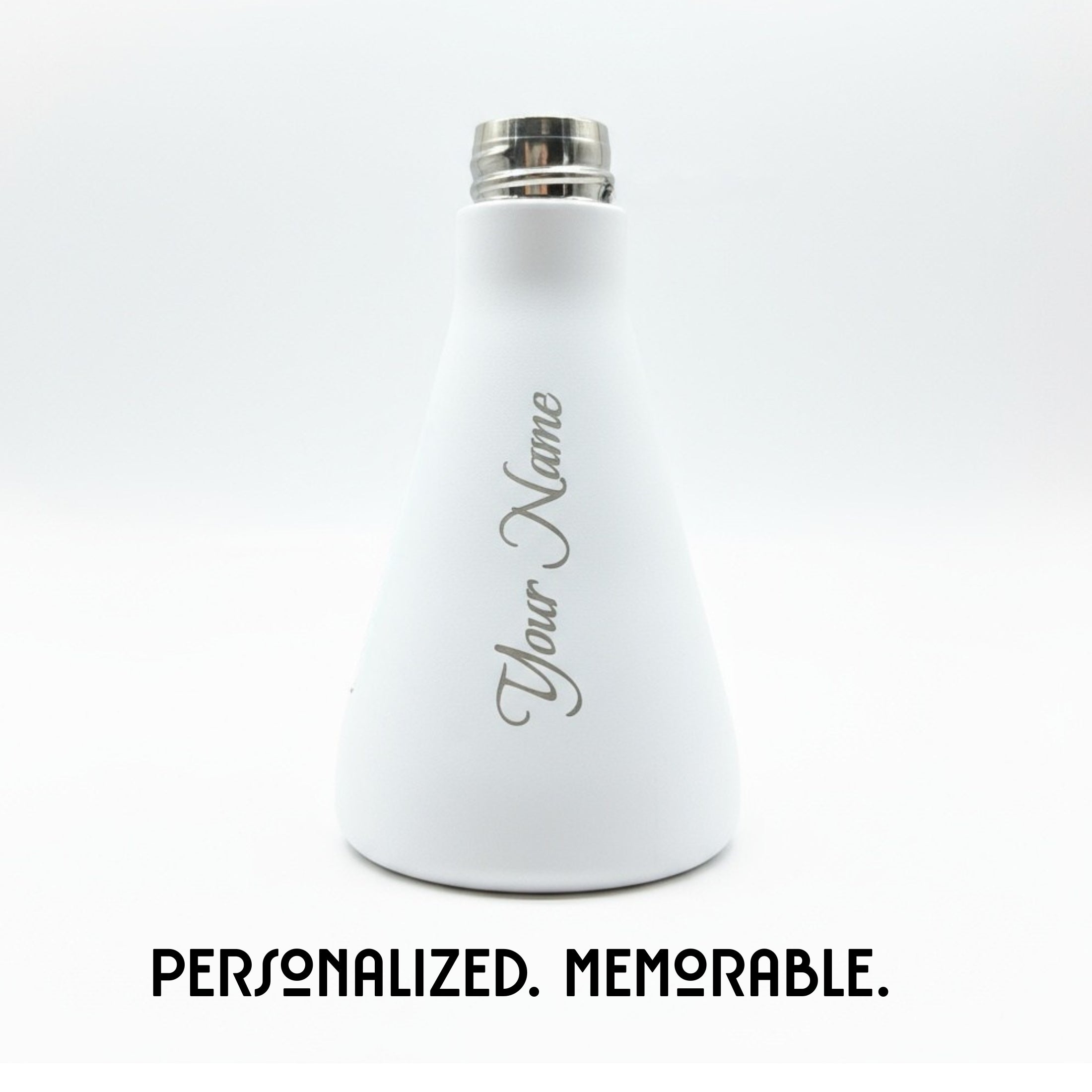 White insulated bottle with 'Your Name' engraving on a white background