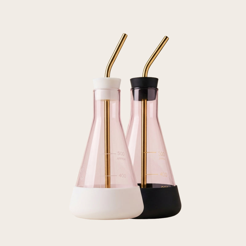 Pink Glass Flask Drink Tumbler — borosilicate Erlenmeyer flask tumbler with straw set