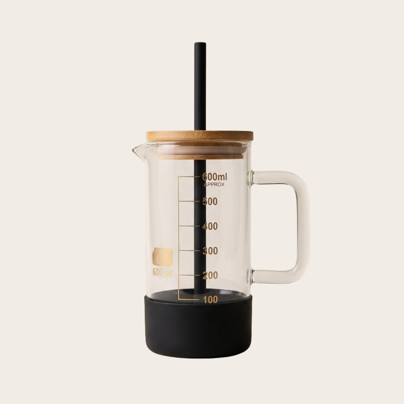 Double-Wall Beaker Drink Tumbler — 600 mL insulated glass beaker with bamboo lid