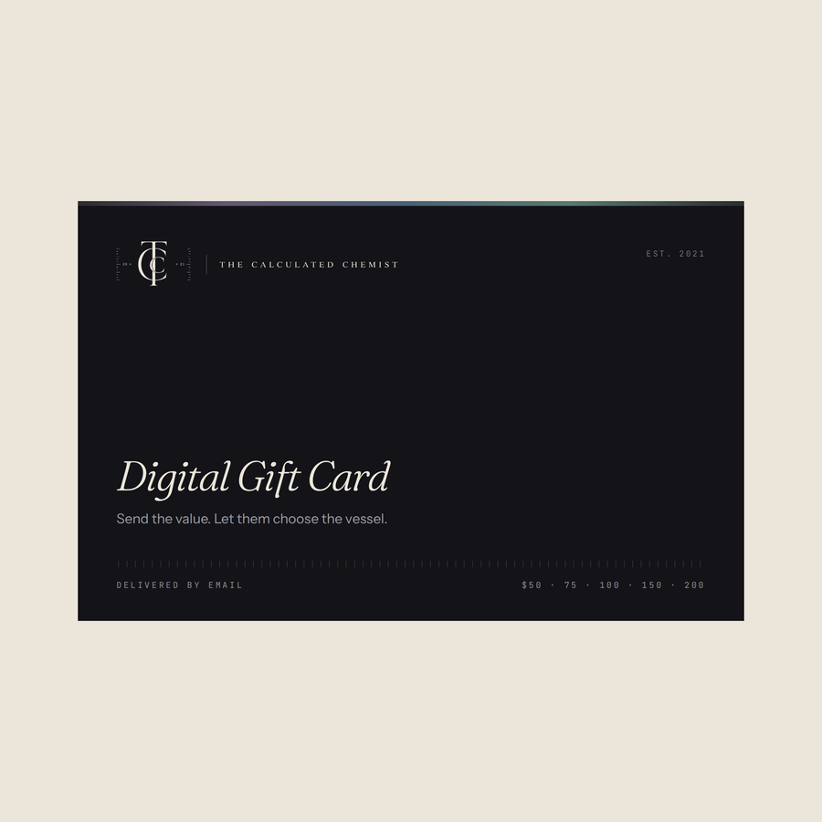 The Calculated Chemist digital gift card — a deep ink card carrying the TCC monogram lockup