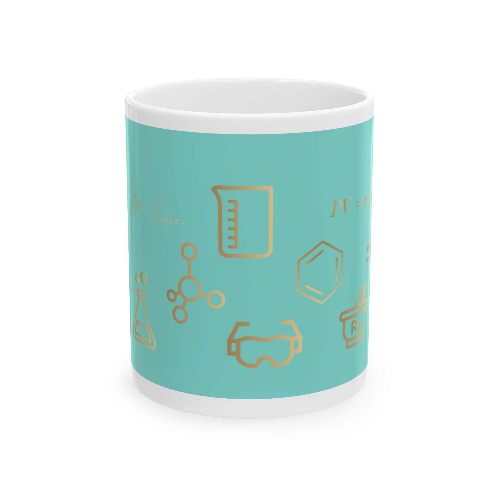 Icons of Chemistry | Blue | Ceramic Coffee Mug for Scientists, Engineers, and Teachers