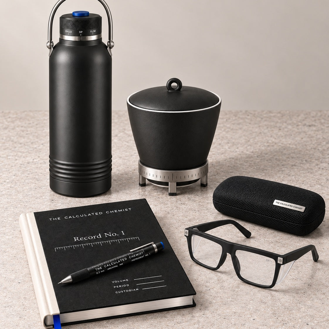 Four Open Lab concept renderings: a Dewar-inspired bottle, a porcelain crucible mug, a pen and laboratory notebook, and laboratory safety glasses