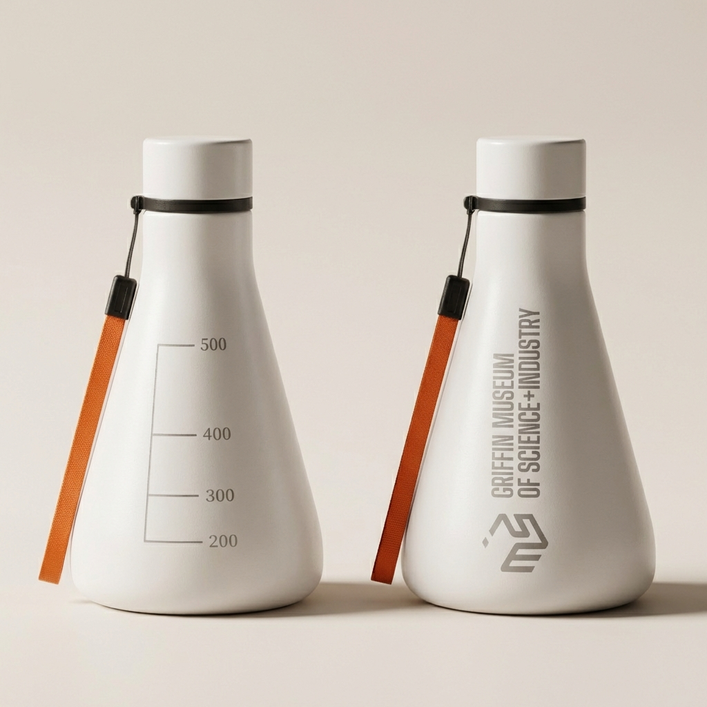 Flask Vessel customization zones — logo area, lid-top engraving and strap customization
